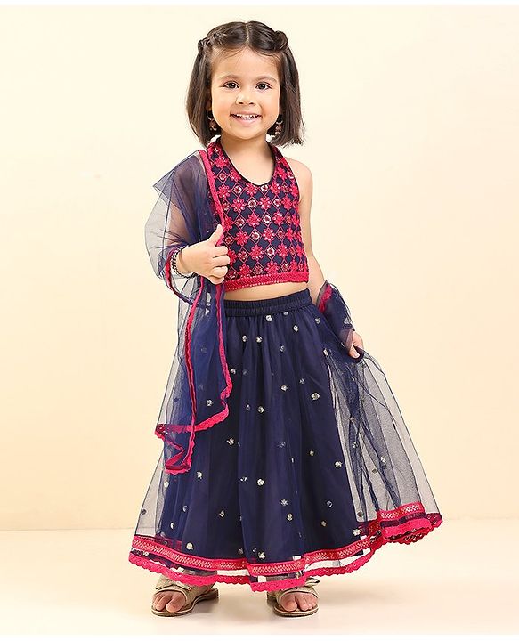 Babyhug Woven Sleeveless Choli & Lehnga with Dupatta Floral Embroidered - Navy
