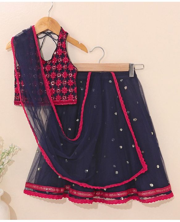 Babyhug Woven Sleeveless Choli & Lehnga with Dupatta Floral Embroidered - Navy