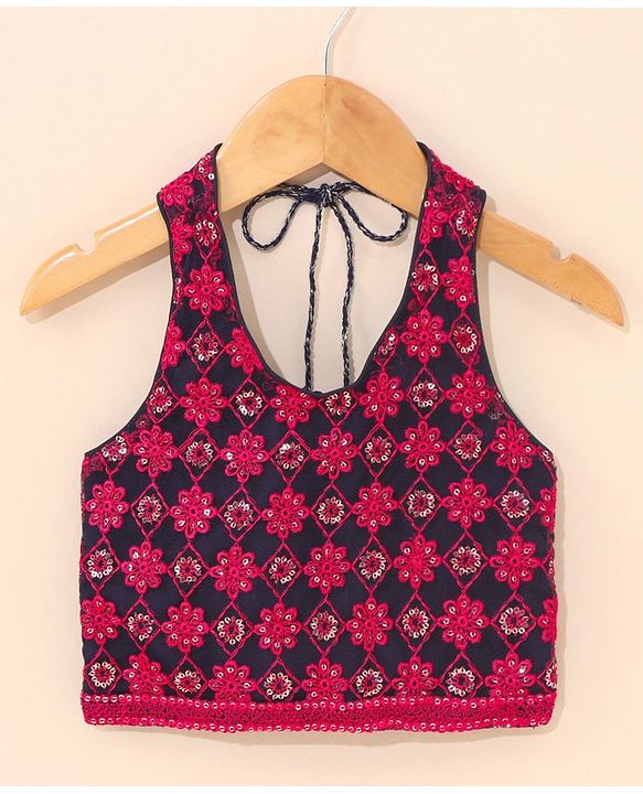 Babyhug Woven Sleeveless Choli & Lehnga with Dupatta Floral Embroidered - Navy