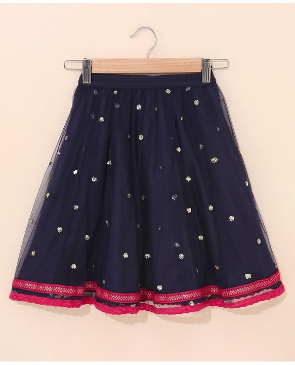 Babyhug Woven Sleeveless Choli & Lehnga with Dupatta Floral Embroidered - Navy
