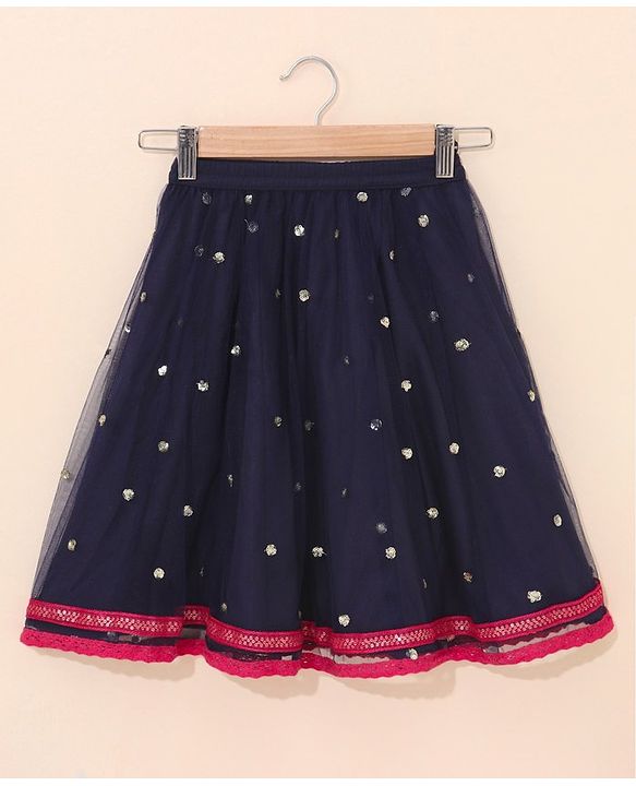 Babyhug Woven Sleeveless Choli & Lehnga with Dupatta Floral Embroidered - Navy