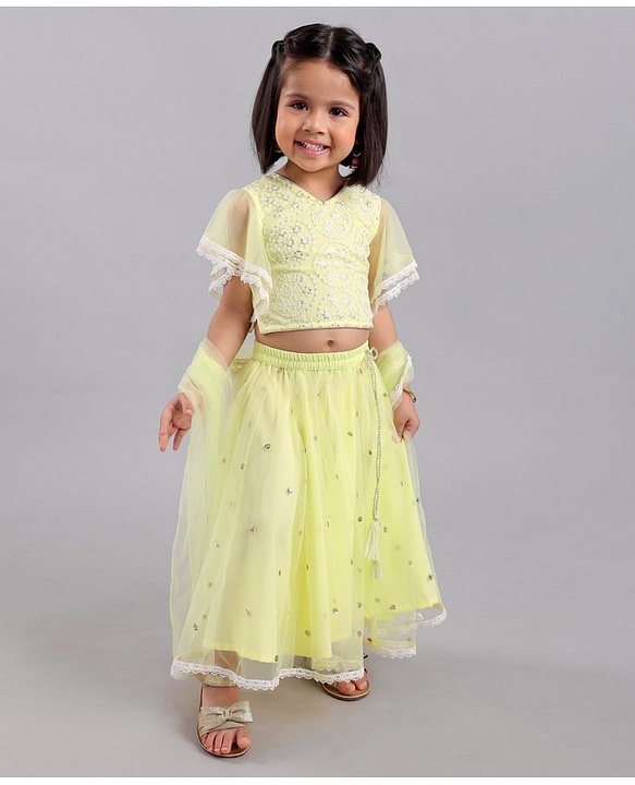 Babyhug Half Sleeves Choli Lehenga And Dupatta Ethnic Printed - Lime Green