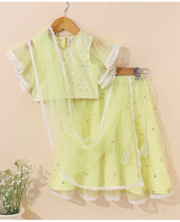 Babyhug Half Sleeves Choli Lehenga And Dupatta Ethnic Printed - Lime Green