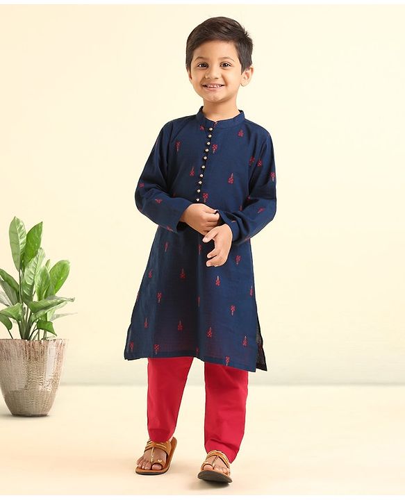 Babyhug Handloom Full Sleeves Kurta and Pyjama Set Ethnic Print - Navy