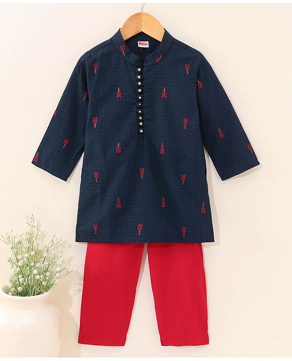 Babyhug Handloom Full Sleeves Kurta and Pyjama Set Ethnic Print - Navy