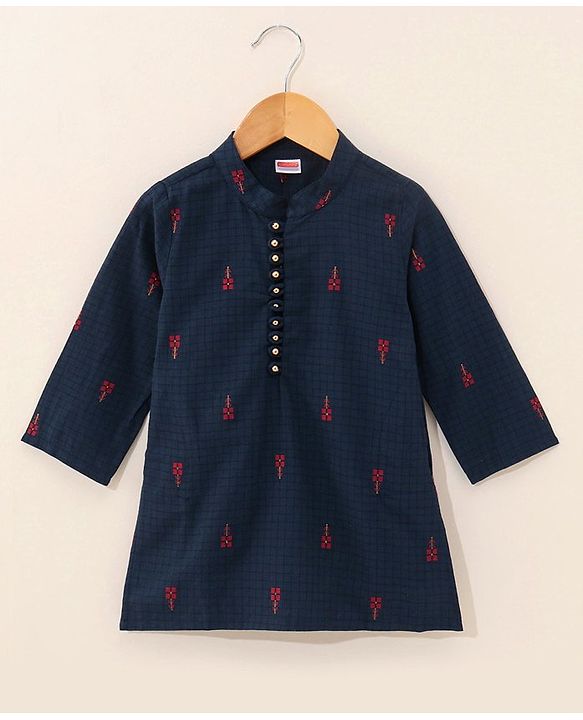 Babyhug Handloom Full Sleeves Kurta and Pyjama Set Ethnic Print - Navy