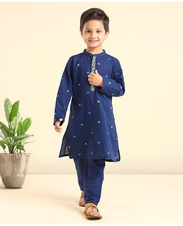 Babyhug Full Sleeves Kurta and Pyjama Set Pyramid Print - Navy