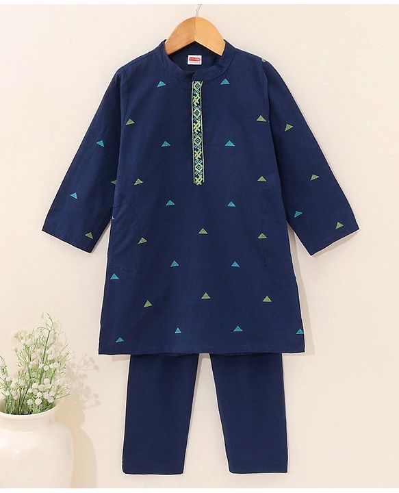Babyhug Full Sleeves Kurta and Pyjama Set Pyramid Print - Navy