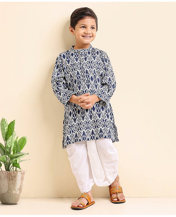 Babyhug Full Sleeve Boys Ikkat Weave Kurta With Dobby Dhoti- Navy Blue