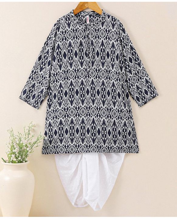 Babyhug Full Sleeve Boys Ikkat Weave Kurta With Dobby Dhoti- Navy Blue