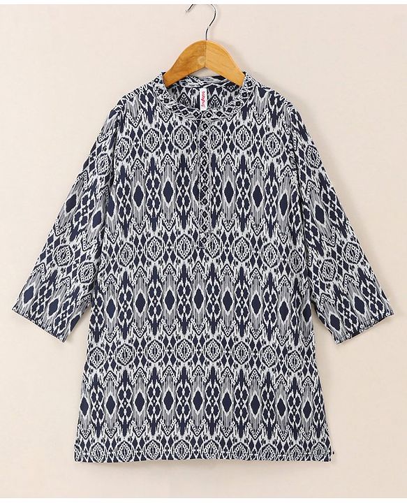 Babyhug Full Sleeve Boys Ikkat Weave Kurta With Dobby Dhoti- Navy Blue