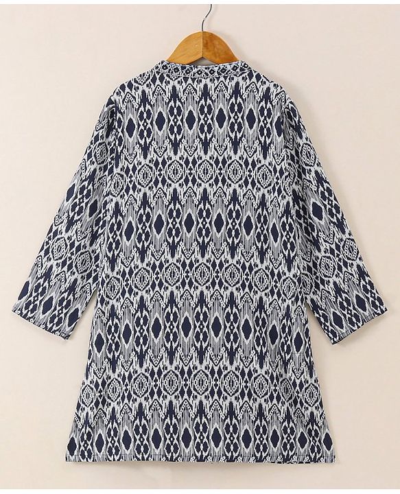 Babyhug Full Sleeve Boys Ikkat Weave Kurta With Dobby Dhoti- Navy Blue