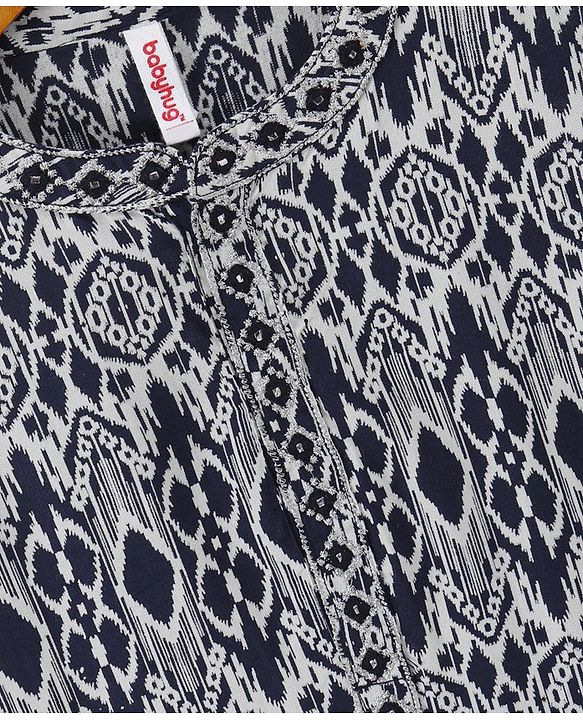 Babyhug Full Sleeve Boys Ikkat Weave Kurta With Dobby Dhoti- Navy Blue
