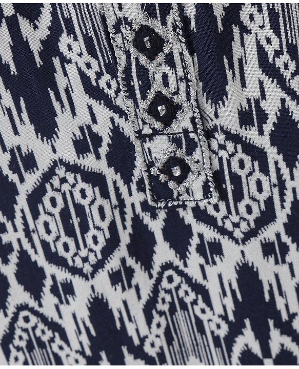 Babyhug Full Sleeve Boys Ikkat Weave Kurta With Dobby Dhoti- Navy Blue