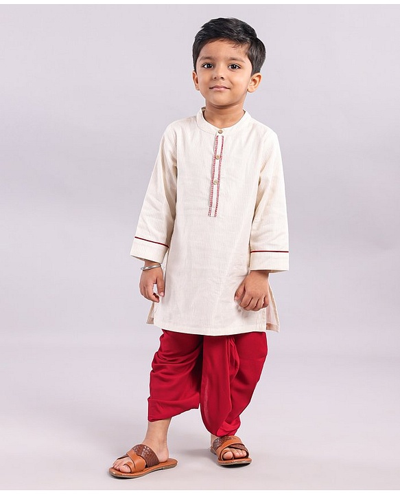 Babyhug Full Sleeves Woven Kurta & Dhoti Set Printed- Beige Maroon
