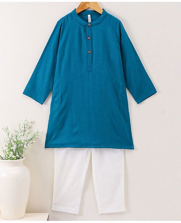 Babyhug Full Sleeves Woven Kurta & Pyjama Set Printed- Rama Green