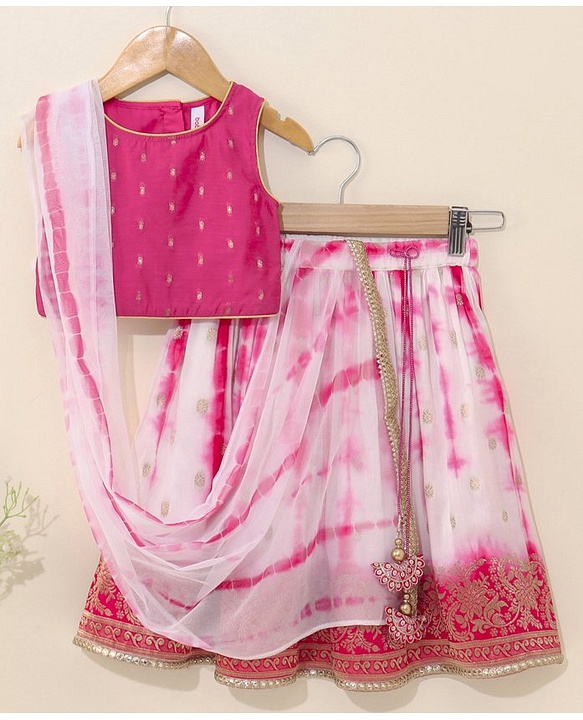 Babyhug Sleeveless Choli & Tie Dye Lehenga With Dupatta Zari Detailing - Fuchsia White