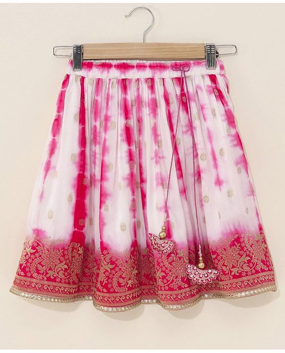 Babyhug Sleeveless Choli & Tie Dye Lehenga With Dupatta Zari Detailing - Fuchsia White
