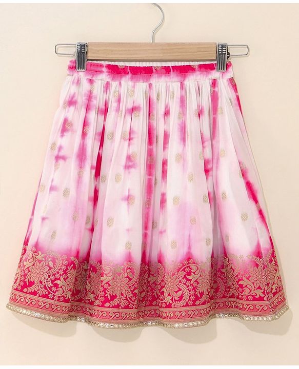 Babyhug Sleeveless Choli & Tie Dye Lehenga With Dupatta Zari Detailing - Fuchsia White