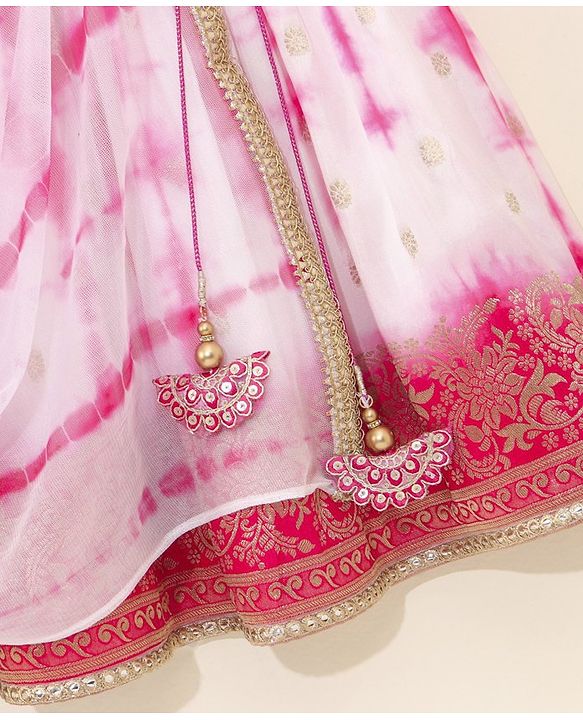 Babyhug Sleeveless Choli & Tie Dye Lehenga With Dupatta Zari Detailing - Fuchsia White