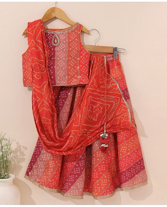 Babyhug Sleeveless Bandhani Choli & Lehenga With Dupatta Zari Detailing - Red Pink