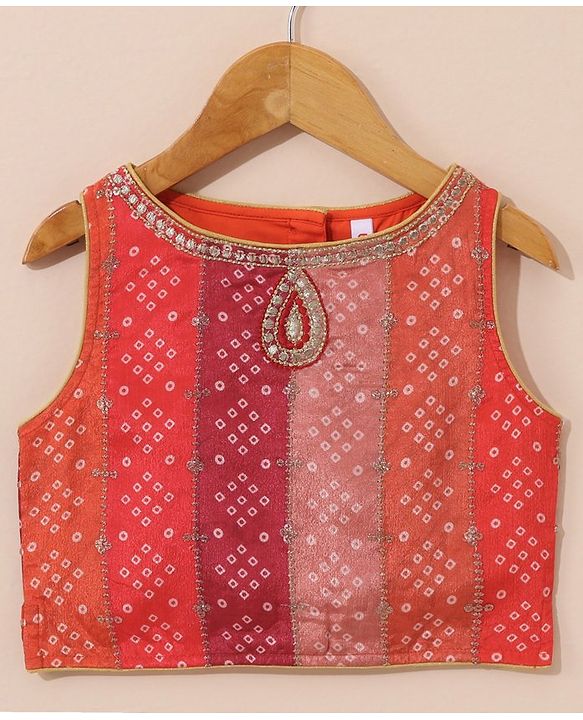 Babyhug Sleeveless Bandhani Choli & Lehenga With Dupatta Zari Detailing - Red Pink