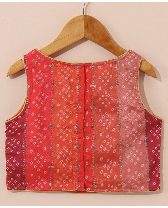 Babyhug Sleeveless Bandhani Choli & Lehenga With Dupatta Zari Detailing - Red Pink