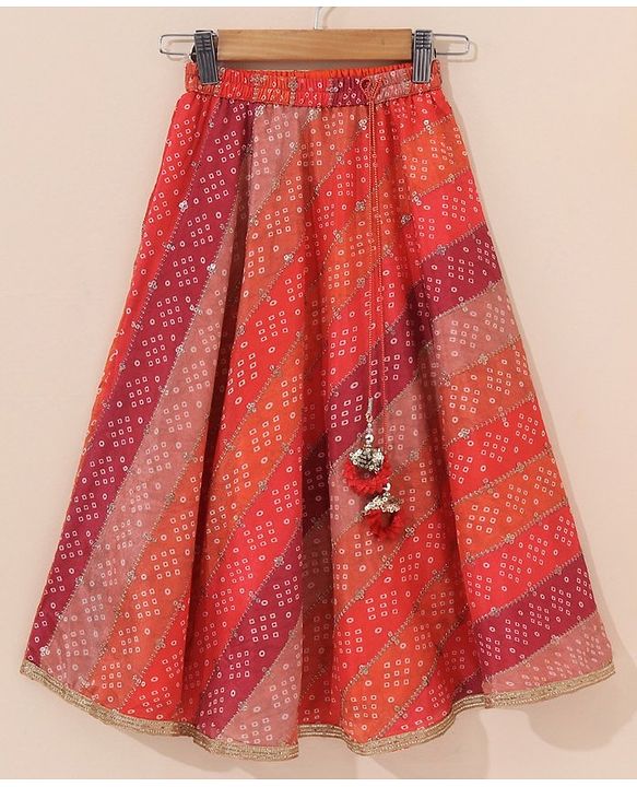 Babyhug Sleeveless Bandhani Choli & Lehenga With Dupatta Zari Detailing - Red Pink