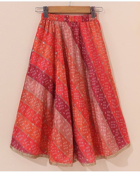 Babyhug Sleeveless Bandhani Choli & Lehenga With Dupatta Zari Detailing - Red Pink