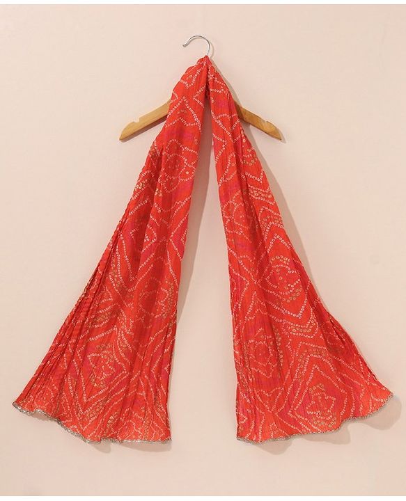 Babyhug Sleeveless Bandhani Choli & Lehenga With Dupatta Zari Detailing - Red Pink