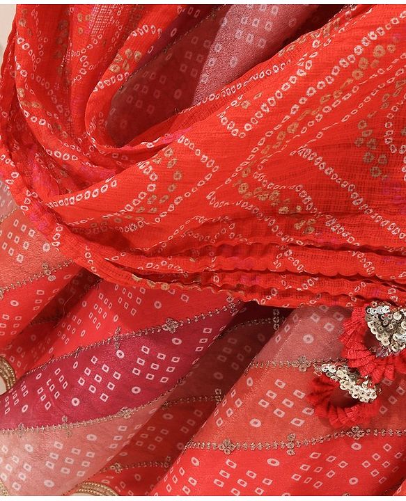 Babyhug Sleeveless Bandhani Choli & Lehenga With Dupatta Zari Detailing - Red Pink