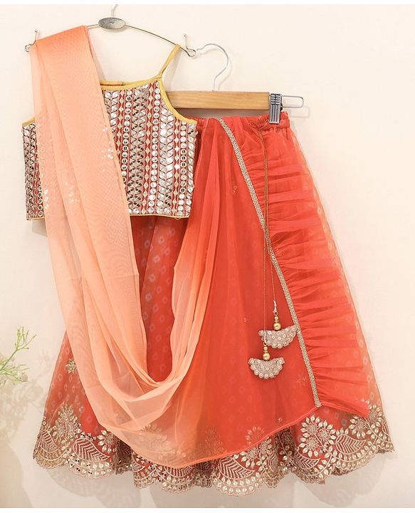 Babyhug Singlet Choli & Lehenga & Dupatta Mirror Detailing - Orange