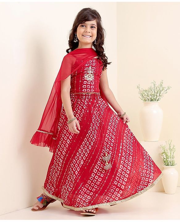 Babyhug Girls Singlet Bandhani Print Choli with Lehenga and Dupatta with Sequence All Over Sequence Detailing- Red