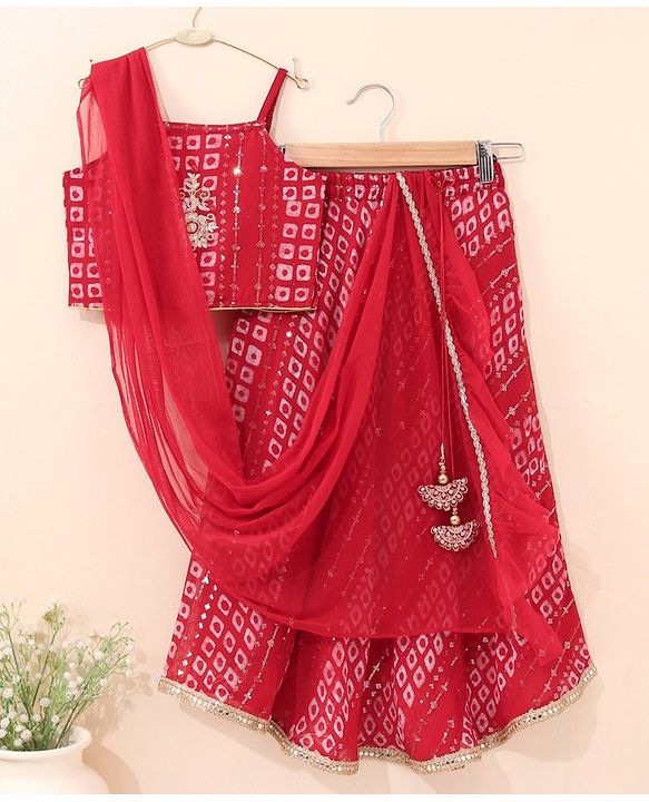Babyhug Girls Singlet Bandhani Print Choli with Lehenga and Dupatta with Sequence All Over Sequence Detailing- Red