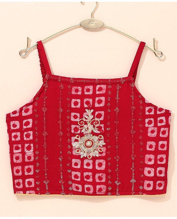 Babyhug Girls Singlet Bandhani Print Choli with Lehenga and Dupatta with Sequence All Over Sequence Detailing- Red