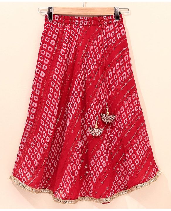 Babyhug Girls Singlet Bandhani Print Choli with Lehenga and Dupatta with Sequence All Over Sequence Detailing- Red