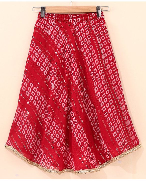 Babyhug Girls Singlet Bandhani Print Choli with Lehenga and Dupatta with Sequence All Over Sequence Detailing- Red