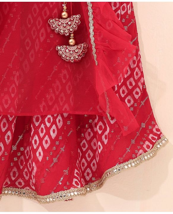 Babyhug Girls Singlet Bandhani Print Choli with Lehenga and Dupatta with Sequence All Over Sequence Detailing- Red