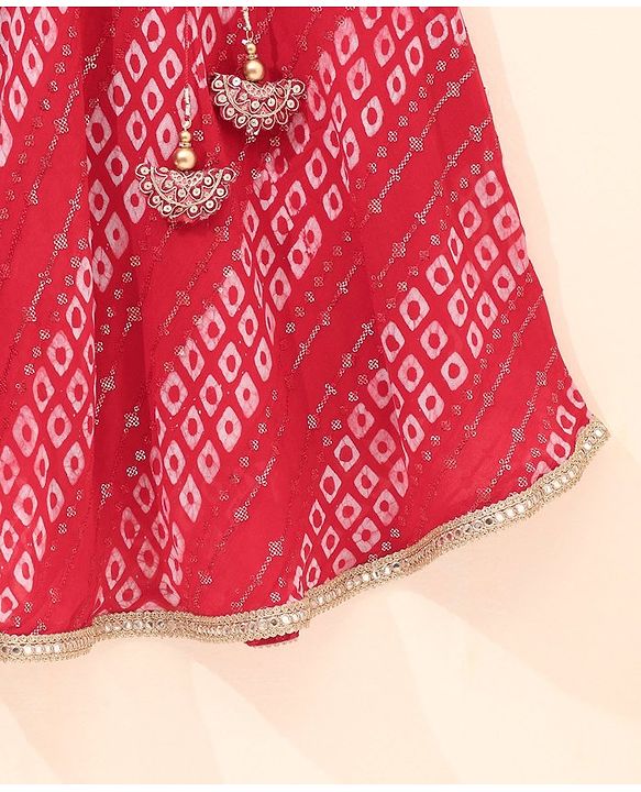 Babyhug Girls Singlet Bandhani Print Choli with Lehenga and Dupatta with Sequence All Over Sequence Detailing- Red