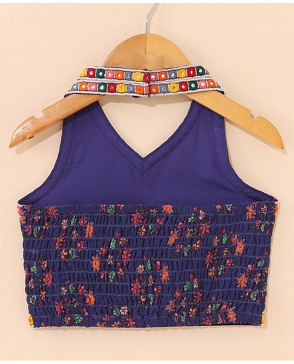 Babyhug Sleeveless Choli & Lehenga Set with Dupatta Floral Print & Sequin Embroidered Border Designs - Blue