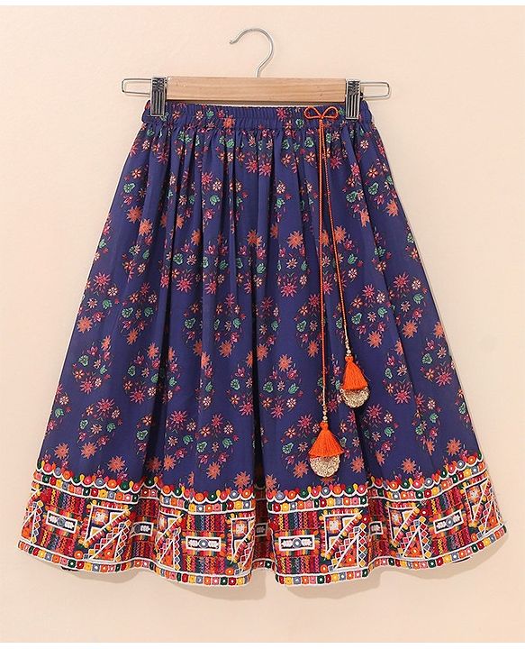 Babyhug Sleeveless Choli & Lehenga Set with Dupatta Floral Print & Sequin Embroidered Border Designs - Blue