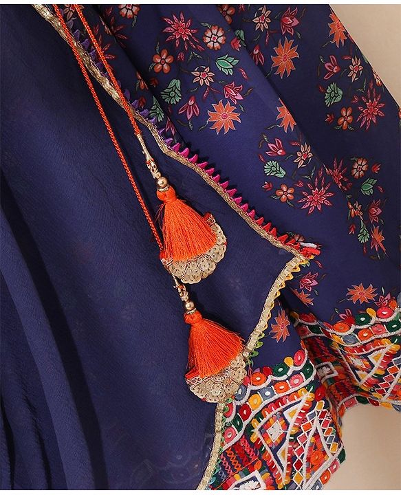Babyhug Sleeveless Choli & Lehenga Set with Dupatta Floral Print & Sequin Embroidered Border Designs - Blue