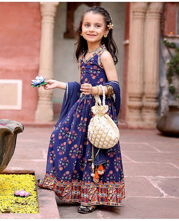 Babyhug Sleeveless Choli & Lehenga Set with Dupatta Floral Print & Sequin Embroidered Border Designs - Blue
