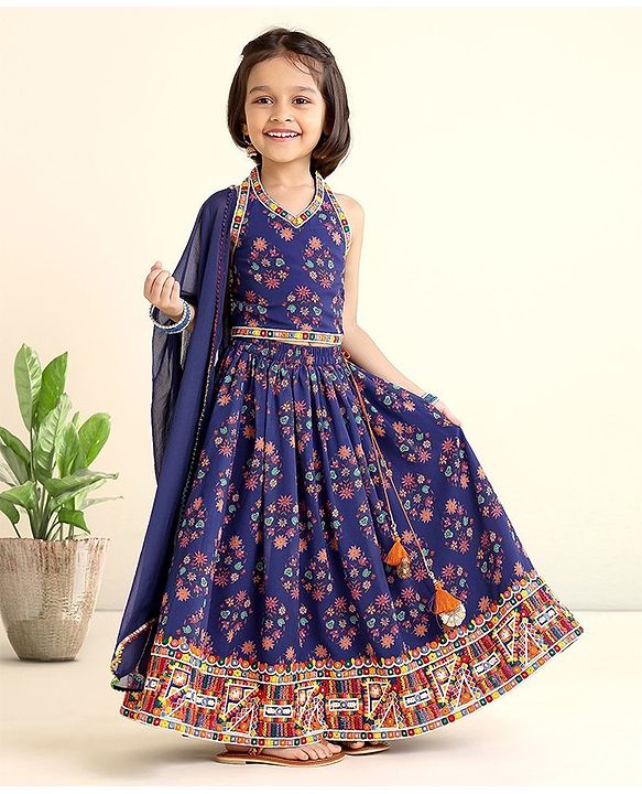 Babyhug Sleeveless Choli & Lehenga Set with Dupatta Floral Print & Sequin Embroidered Border Designs - Blue