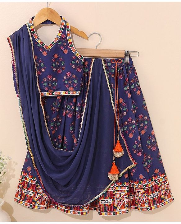 Babyhug Sleeveless Choli & Lehenga Set with Dupatta Floral Print & Sequin Embroidered Border Designs - Blue