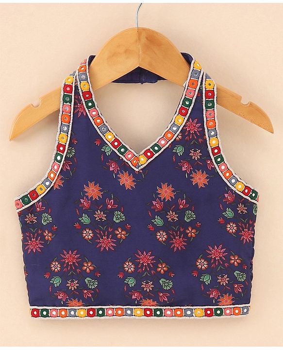 Babyhug Sleeveless Choli & Lehenga Set with Dupatta Floral Print & Sequin Embroidered Border Designs - Blue