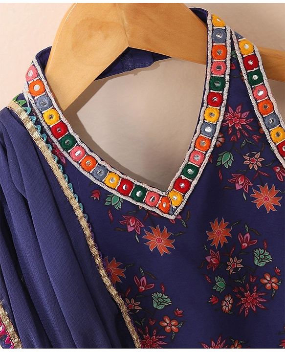 Babyhug Sleeveless Choli & Lehenga Set with Dupatta Floral Print & Sequin Embroidered Border Designs - Blue