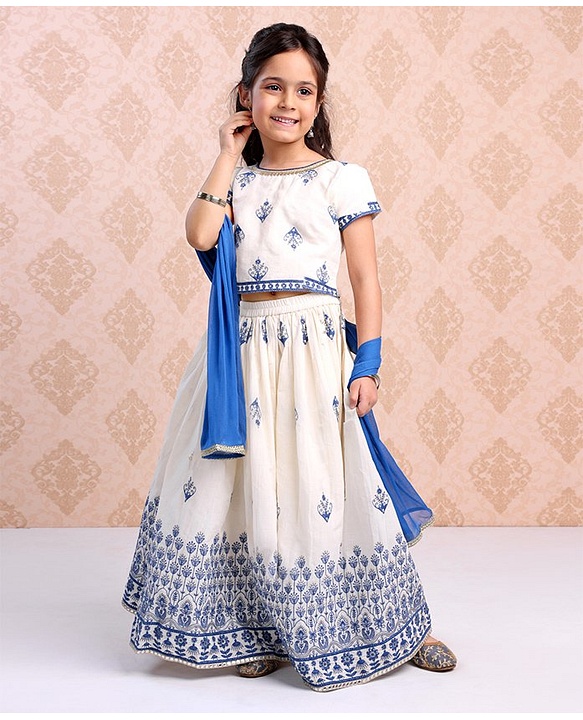 Babyhug Half Sleeves Choli & Lehenga Set with Dupatta Embroidered Thread Work & Sequin Designs - Off White