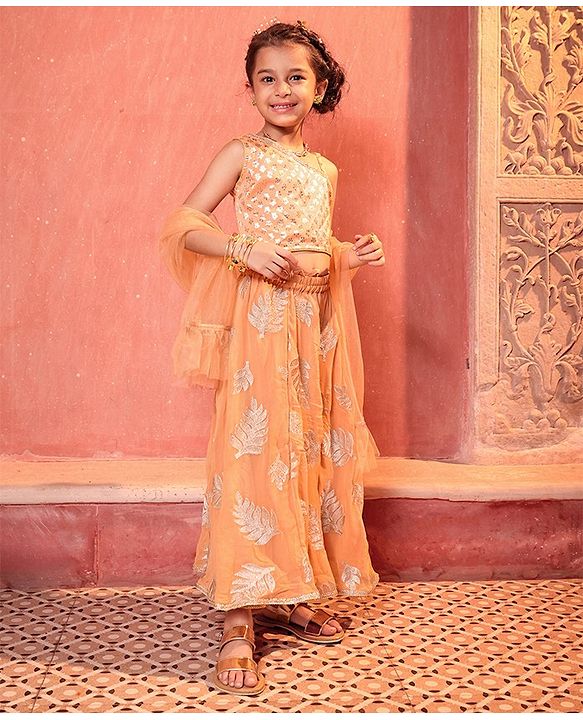 Babyhug Sleeveless Choli & Lehenga Set with Dupatta Zari Work & Golden Border Embroidered- Coral