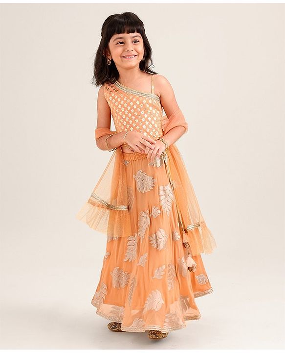 Babyhug Sleeveless Choli & Lehenga Set with Dupatta Zari Work & Golden Border Embroidered- Coral